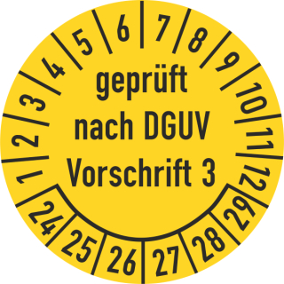 Prüfplakette geprüft nach DGUV Vorschrift 3 16 mm ca. 500 Stück/Rolle PVC-Folie Grund gelb Text schwarz 2024-2029