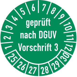 Prüfplakette geprüft nach DGUV Vorschrift 3 20 mm ca. 400 Stück/Rolle PVC-Folie Grund grün Text weiß 2025-2030