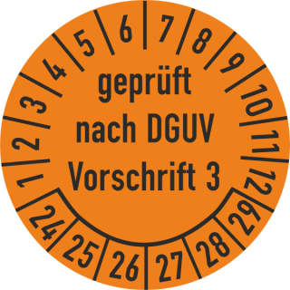 Prüfplakette geprüft nach DGUV Vorschrift 3 20 mm ca. 400 Stück/Rolle PVC-Folie Grund orange Text schwarz 2024-2029