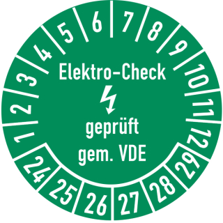 Prüfplakette Elektro-Check geprüft gem. VDE 20 mm ca. 400 Stück/Rolle PVC-Folie Grund grün Text weiß 2024-2029