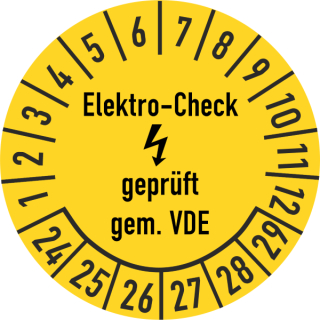 Prüfplakette Elektro-Check geprüft gem. VDE 30 mm ca. 285 Stück/Rolle PVC-Folie Grund gelb Text schwarz 2024-2029