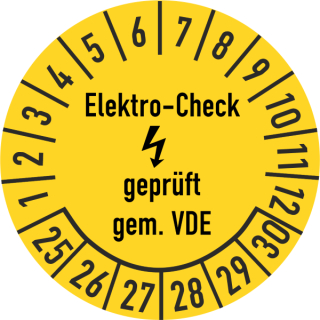 Prüfplakette Elektro-Check geprüft gem. VDE 30 mm ca. 285 Stück/Rolle PVC-Folie Grund gelb Text schwarz 2025-2030