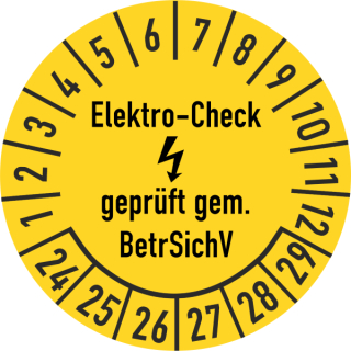 Prüfplakette Elektro-Check geprüft gem. Betriebssicherheitsverordnung 16 mm ca. 500 Stück/Rolle PVC-Folie Grund gelb Text schwarz 2024-2029