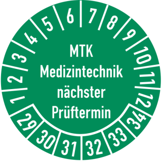 Prüfplakette MTK Medizintechnik nächster Prüftermin 16 mm ca. 500 Stück/Rolle PVC-Folie Grund grün Text weiß 2029-2034