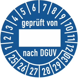 Prüfplakette geprüft von nach DGUV mit Schreibfeld 25 mm ca. 333 Stück/Rolle PVC-Folie Grund blau Text weiß 2025-2030