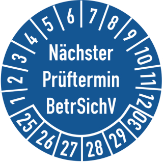 Prüfplaketten nächster Prüftermin BetrSichV 30 mm ca. 285 Stück/Rolle PVC-Folie Grund blau Text weiß 2025-2030