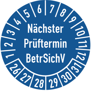 Prüfplaketten nächster Prüftermin BetrSichV 30 mm ca. 285 Stück/Rolle PVC-Folie Grund blau Text weiß 2026-2031