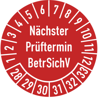 Prüfplaketten nächster Prüftermin BetrSichV 30 mm ca. 285 Stück/Rolle PVC-Folie Grund rot Text weiß 2028-2033