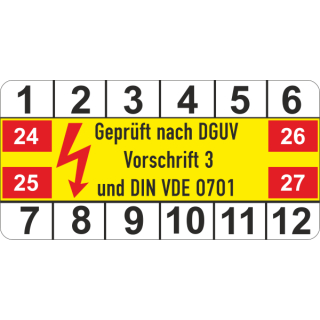 Prüfplakette "geprüft nach DGUV Vorschrift 3" in verschiedenen Variationen 25 x 50 mm ca. 180 Stück/Rolle Hochwertige Folie 2024-2027 Grund weiß Druck schwarz rot gelb