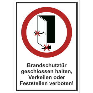 Verbotskombischild Brandschutztüren geschlossen halten - selbstklebende Folie mit transparentem Schutzlaminat - 155 x 190 mm