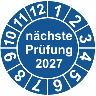 Prüfplaketten nächste Prüfung 30 mm ca. 285 Stück/Rolle Dokumentenfolie Grund blau Text weiß 2027