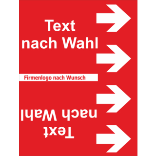 Rohrkennzeichnungsbänder in 115 mm Banbreite mit individuellen Text und Firmenlogo (Mitte)  für Rohre über 50 mm Ø  in 33 m Rollen lieferbar Grund rot - Schrift und Pfeile weiß