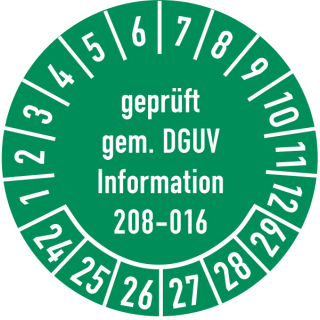 Prüfplaketten Geprüft gem. DGUV Information 208-016 30 mm ca. 285 Stück/Rolle PVC-Folie Grund grün Text weiß 2024-2029