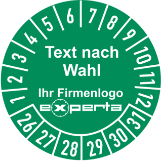 Prüfplaketten mit Firmenlogo und Text nach Wahl 35 mm Ø ca. 500 Stück/Rolle 2026-2031 Grund grün Text weiß