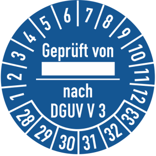 Prüfplaketten geprüft von-nach DGUV V3 30 mm ca. 285 Stück/Rolle PVC-Folie Grund blau Text weiß 2028-2033