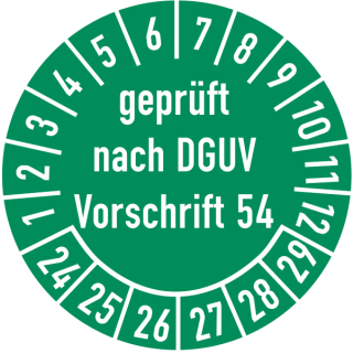 Prüfplaketten geprüft nach DGUV Vorschrift 54 selbstklebend auf 10 Meter Rolle - 25 mm Ø ca. 333 Stück/Rolle - 2024-2029 - Grund grün Text weiß - Folie mit Schutzlaminat