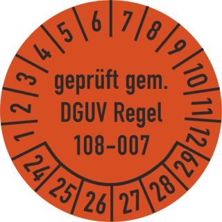 Prüfplaketten geprüft gemäß DGUV Regel 108-007 selbstklebend auf 10 Meter Rolle - 20 mm Ø ca. 400 Stück/Rolle - 2024-2029 - Grund orange Text schwarz - Zerstörbare Dokumentenfolie