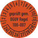 Prüfplaketten geprüft gemäß DGUV Regel 108-007 selbstklebend auf 10 Meter Rolle - 20 mm Ø ca. 400 Stück/Rolle - 2024-2029 - Grund orange Text schwarz - Zerstörbare Dokumentenfolie