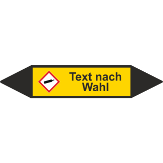 Rohrmarkierer mit GHS-Symbol nach DIN 2403 Text nach Wahl  - C - 25 x 155 mm  - Grund gelb - Pfeile schwarz - gasflasche 04 - links