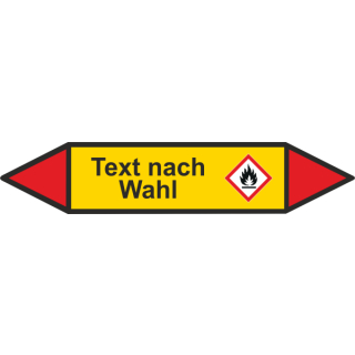 Rohrmarkierer mit GHS-Symbol nach DIN 2403 Text nach Wahl  - A - 50 x 210 mm   - Grund gelb - Pfeile rot - entzündlich 02 - rechts