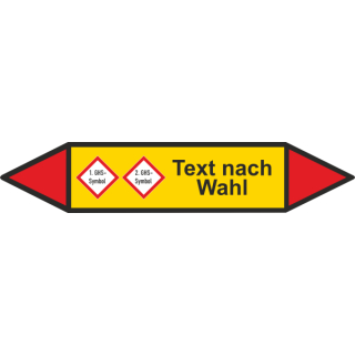 Rohrmarkierer mit 2 GHS-Symbolen nach DIN 2403 Text nach Wahl  - C - 25 x 155 mm  - Grund gelb - Pfeile rot - links