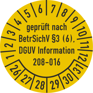 Prüfplaketten geprüft nach Betriebssicherheitsverordnung §3 (6) DGUV Information 208-016 selbstklebend auf 10 Meter Rolle - 20 mm Ø ca. 400 Stück/Rolle - 2026-2031 - Grund gelb Text schwarz - Zerstörbare Dokumentenfolie