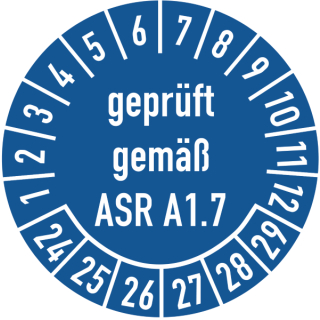 Prüfplaketten geprüft gemäß ASR A1.7 selbstklebend auf 10 Meter Rolle - 25 mm Ø ca. 333 Stück/Rolle - 2024-2029 - Grund blau Text weiß - Zerstörbare Dokumentenfolie