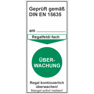 Prüfaufkleber "geprüft gemäß DIN EN 15635 - Überwachung Regal grün" ca. 42 x 92 mm ca. 110 Stück / Rolle - Hochwertige Folie