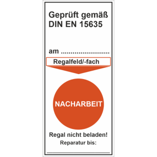 Prüfaufkleber "geprüft gemäß DIN EN 15635 - Nacharbeit Regal orange Reparatur bis" ca. 42 x 92 mm ca. 110 Stück / Rolle - Hochwertige Folie