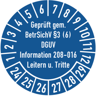 Prüfplaketten geprüft gemäß BetrSichV §3 (6) DGUV Information 208-016 Leitern und Tritte selbstklebend auf 10 Meter Rolle - 20 mm Ø ca. 400 Stück/Rolle - 2024-2029 - Grund blau Text weiß - Folie mit Schutzlaminat