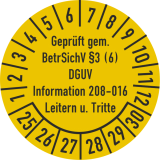 Prüfplaketten geprüft gemäß BetrSichV §3 (6) DGUV Information 208-016 Leitern und Tritte selbstklebend auf 10 Meter Rolle - 35 mm Ø ca. 250 Stück/Rolle - 2025-2030 - Grund gelb Text schwarz - Folie mit Schutzlaminat