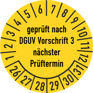 Prüfplakette geprüft nach DGUV Vorschrift 3 16 mm ca. 500 Stück/Rolle PVC-Folie Grund gelb Text schwarz 2026-2031