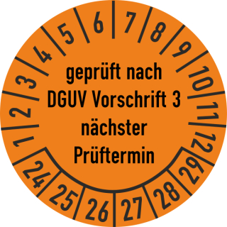 Prüfplakette geprüft nach DGUV Vorschrift 3 16 mm ca. 500 Stück/Rolle PVC-Folie Grund orange Text schwarz 2024-2029