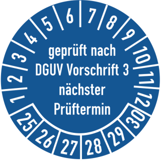 Prüfplakette geprüft nach DGUV Vorschrift 3 25 mm ca. 333 Stück/Rolle PVC-Folie Grund blau Text weiß 2025-2030