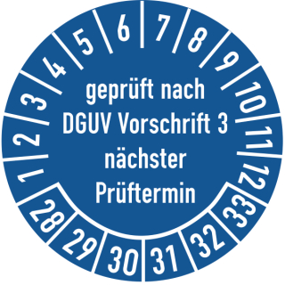 Prüfplakette geprüft nach DGUV Vorschrift 3 30 mm ca. 285 Stück/Rolle PVC-Folie Grund blau Text weiß 2028-2033