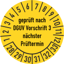 Prüfplakette geprüft nach DGUV Vorschrift 3 30 mm ca. 285 Stück/Rolle PVC-Folie Grund gelb Text schwarz 2028-2033