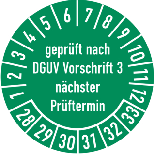 Prüfplakette geprüft nach DGUV Vorschrift 3 30 mm ca. 285 Stück/Rolle PVC-Folie Grund grün Text weiß 2028-2033