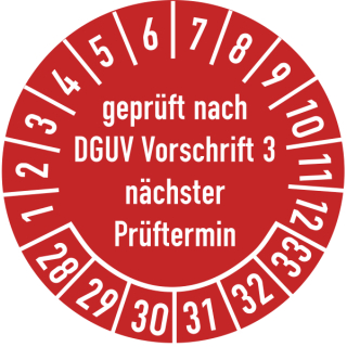 Prüfplakette geprüft nach DGUV Vorschrift 3 30 mm ca. 285 Stück/Rolle PVC-Folie Grund rot Text weiß 2028-2033