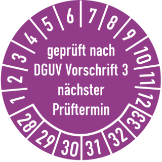 Prüfplakette geprüft nach DGUV Vorschrift 3 30 mm ca. 285 Stück/Rolle PVC-Folie Grund violett Text weiß 2028-2033