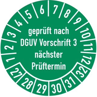 Prüfplakette geprüft nach DGUV Vorschrift 3 20 mm ca. 400 Stück/Rolle Dokumentenfolie Grund grün Text weiß 2027-2032