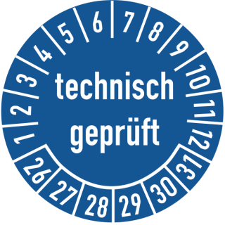 Prüfplakette technisch geprüft 20 mm ca. 400 Stück/Rolle PVC-Folie Grund blau Text weiß 2026-2031