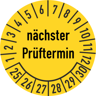 Prüfplakette nächster Prüftermin 16 mm ca. 500 Stück/Rolle PVC-Folie Grund gelb Text schwarz 2025-2030