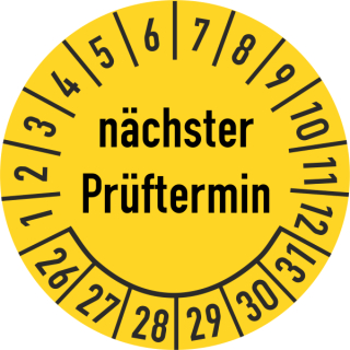 Prüfplakette nächster Prüftermin 16 mm ca. 500 Stück/Rolle PVC-Folie Grund gelb Text schwarz 2026-2031