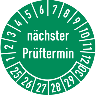 Prüfplakette nächster Prüftermin 16 mm ca. 500 Stück/Rolle PVC-Folie Grund grün Text weiß 2025-2030