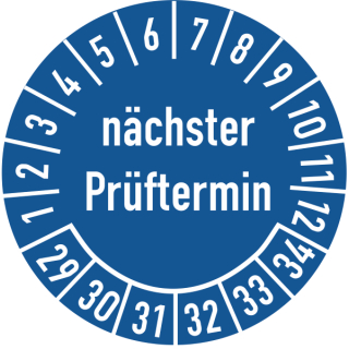 Prüfplakette nächster Prüftermin 20 mm ca. 400 Stück/Rolle PVC-Folie Grund blau Text weiß 2029-2034