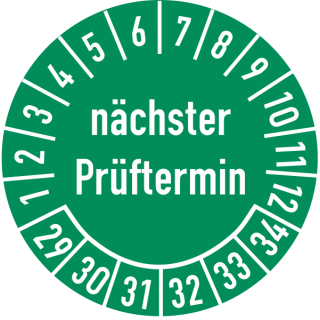 Prüfplakette nächster Prüftermin 20 mm ca. 400 Stück/Rolle PVC-Folie Grund grün Text weiß 2029-2034