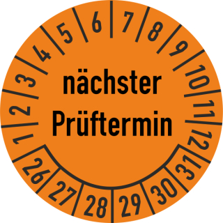 Prüfplakette nächster Prüftermin 20 mm ca. 400 Stück/Rolle PVC-Folie Grund orange Text schwarz 2026-2031