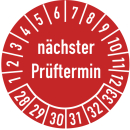 Prüfplakette nächster Prüftermin 20 mm ca. 400 Stück/Rolle PVC-Folie Grund rot Text weiß 2028-2033