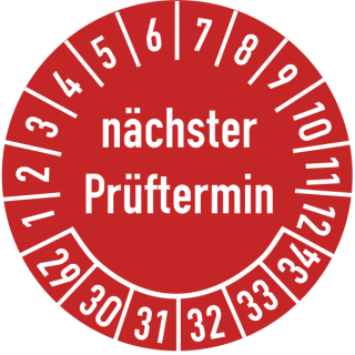 Prüfplakette nächster Prüftermin 20 mm ca. 400 Stück/Rolle PVC-Folie Grund rot Text weiß 2029-2034