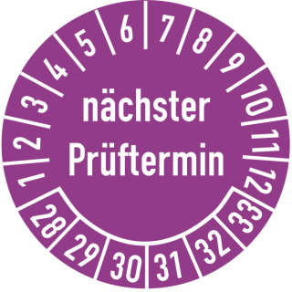 Prüfplakette nächster Prüftermin 20 mm ca. 400 Stück/Rolle PVC-Folie Grund violett Text weiß 2028-2033